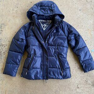 Guess Los Angeles Women's Shiny Blue Puffer Jacket Hooded Coat Size M